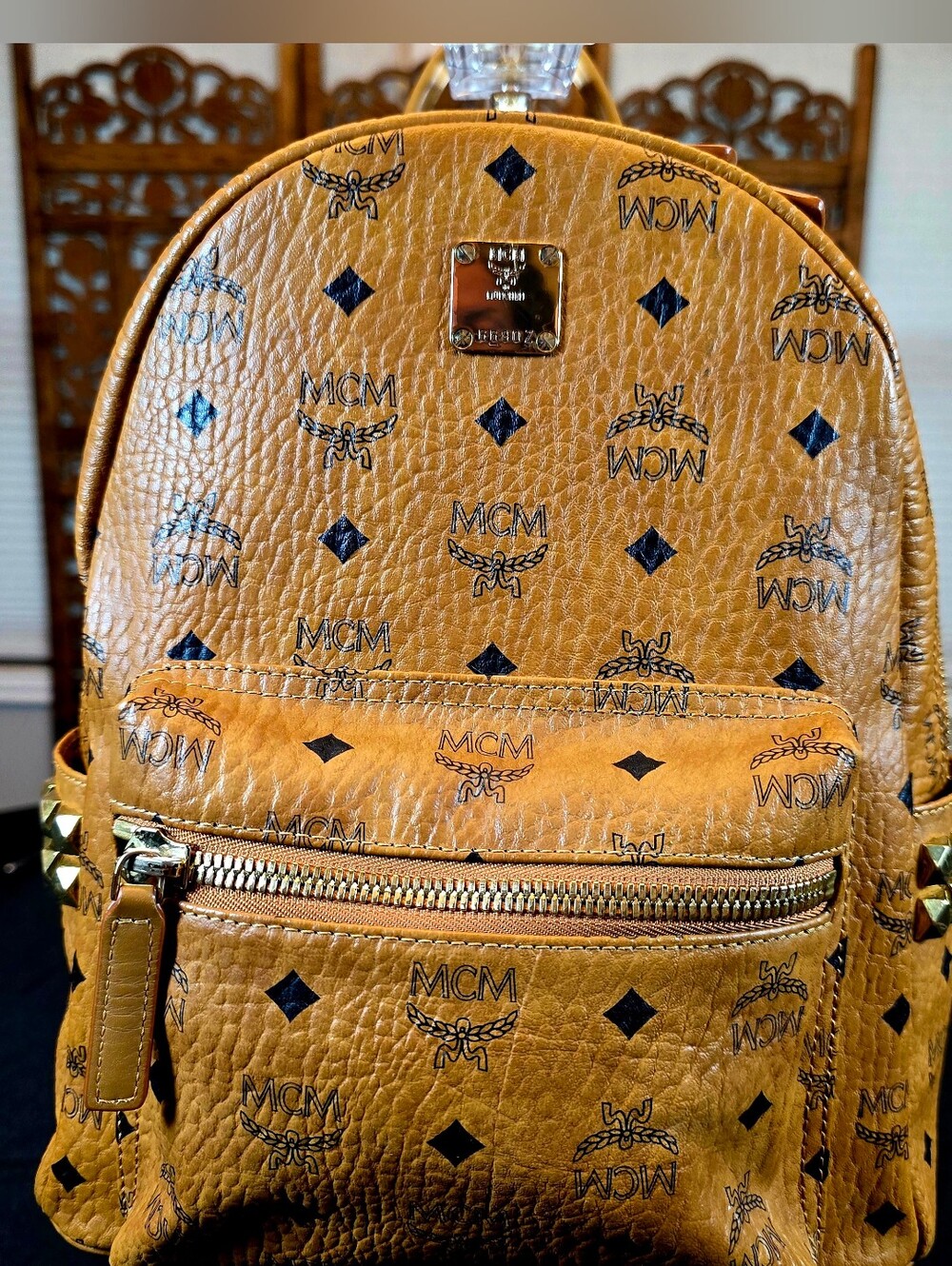 Authentic MCM Stark Side Studs  Cognac Visetos Leather Backpack Comes w COA